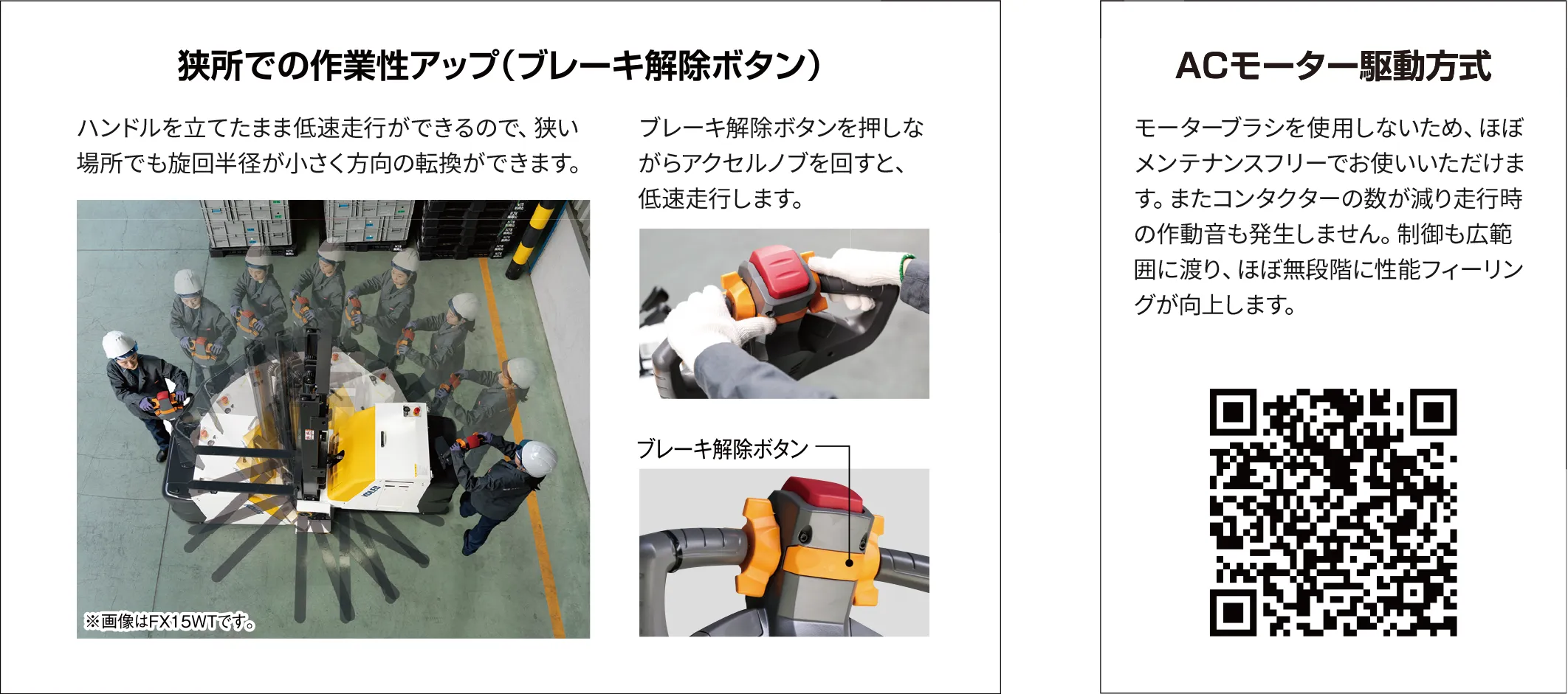 狭所での作業性アップ（ブレーキ解除ボタン）　ACモーター駆動方式